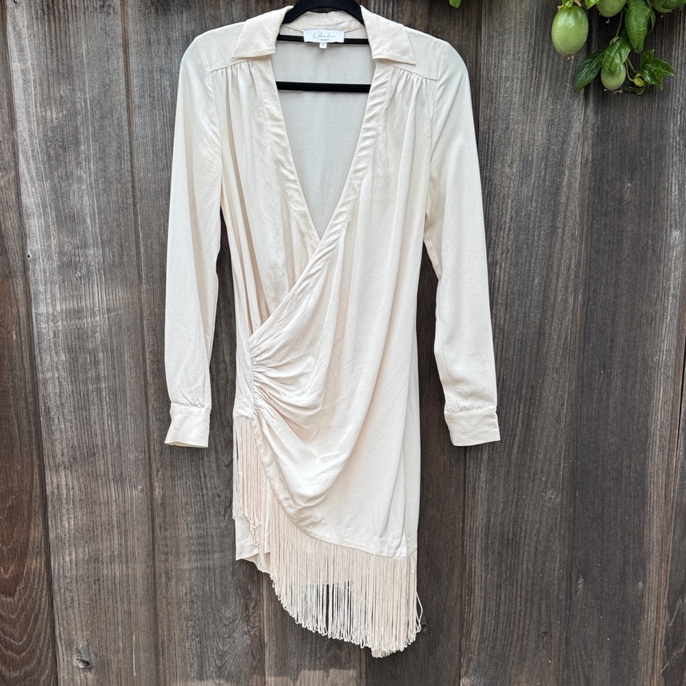 L'Academie Cream Long Sleeve Fringe Dress